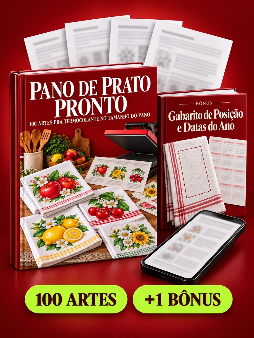 Montagem ilustrativa do Pano de Prato Pronto: livro com a capa, páginas do material e celular e capas dos bônus