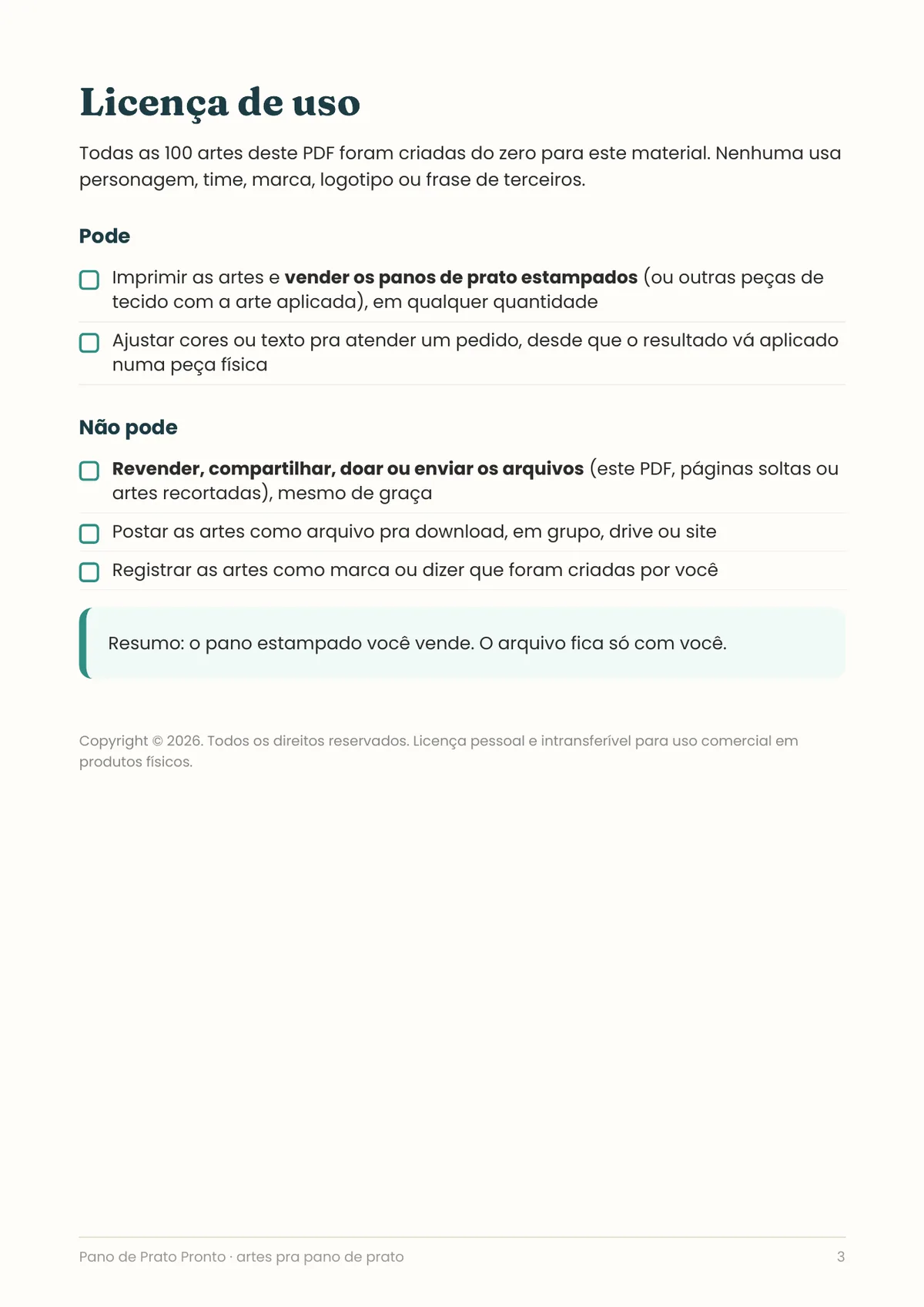Página real do PDF Pano de Prato Pronto: licença de uso